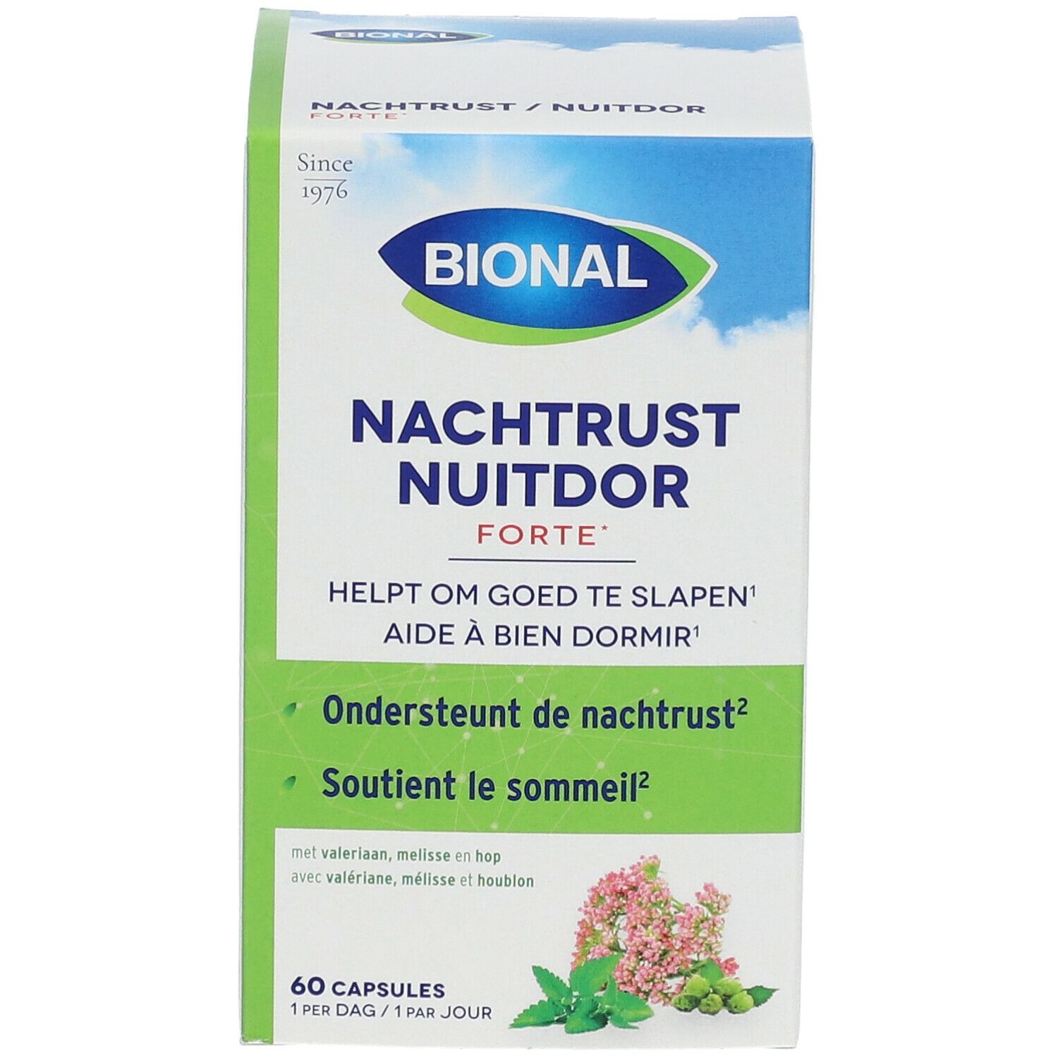 Boîte Bional Nachtrust Nuitdor Forte. 60 gélules. Texte en néerlandais et français. Logo et illustration florale. Aide à bien dormir.