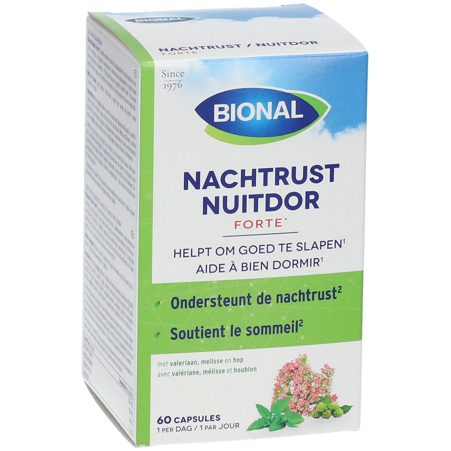 Boîte Bional Nachtrust Nuitdor Forte. 60 gélules. Texte en néerlandais et français. Logo et illustration florale. Aide à bien dormir.