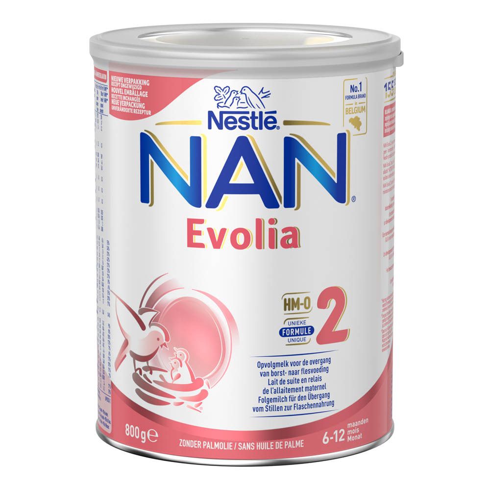Blik Nestlé NAN Evolia 2. Opschrift: HM-O, 2, 6-12 maanden. Inhoud: 800g. Met deksel.