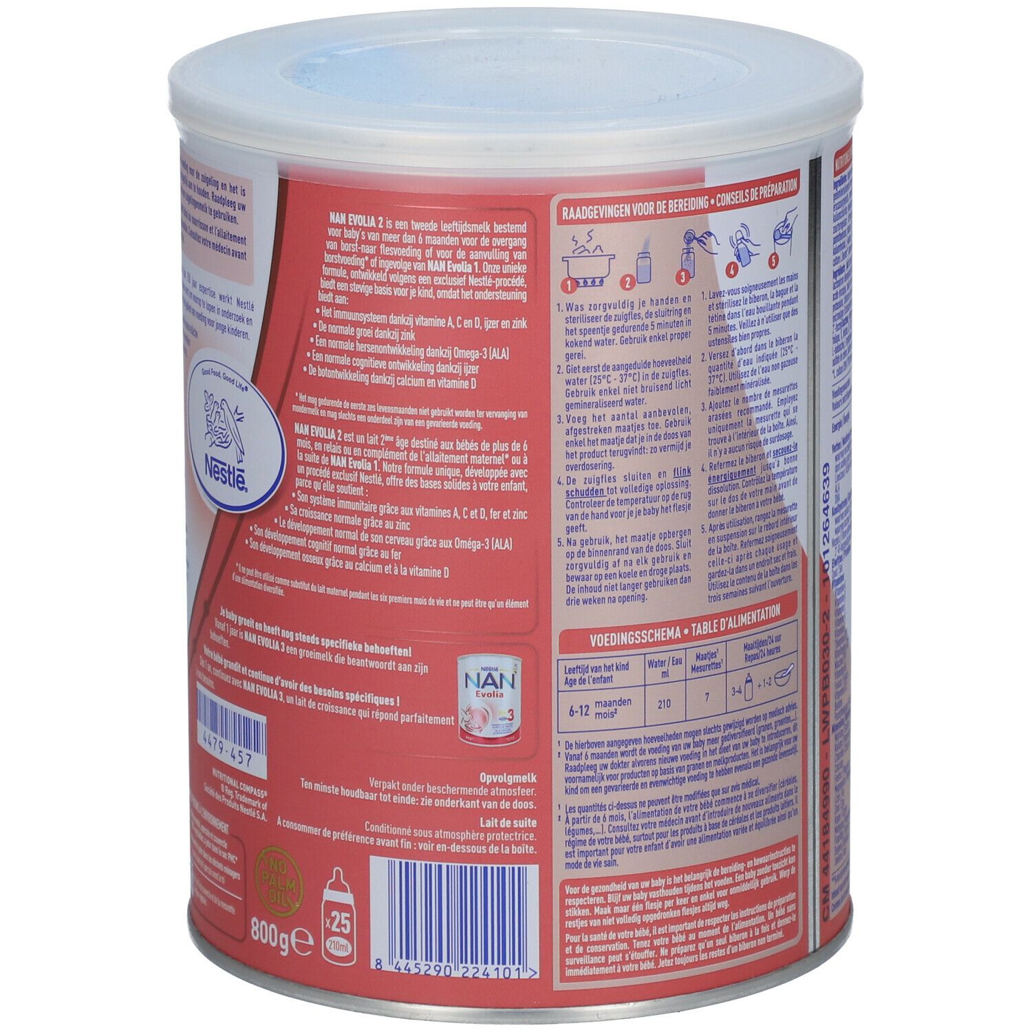 Achterkant van het blik Nestlé NAN Evolia 2. Bevat bereidingsinstructies en voedingstabel. Met deksel.