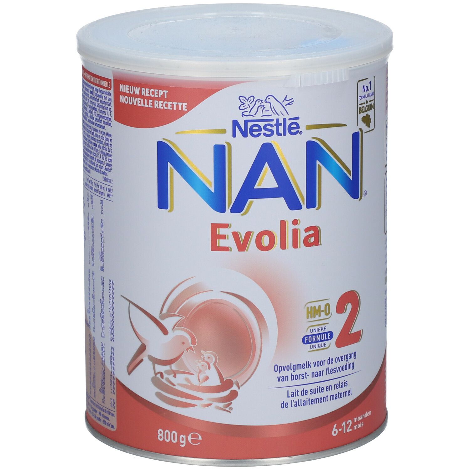 Blik Nestlé NAN Evolia 2. Opschrift: HM-O, 2, 6-12 maanden. Inhoud: 800g. Met deksel.