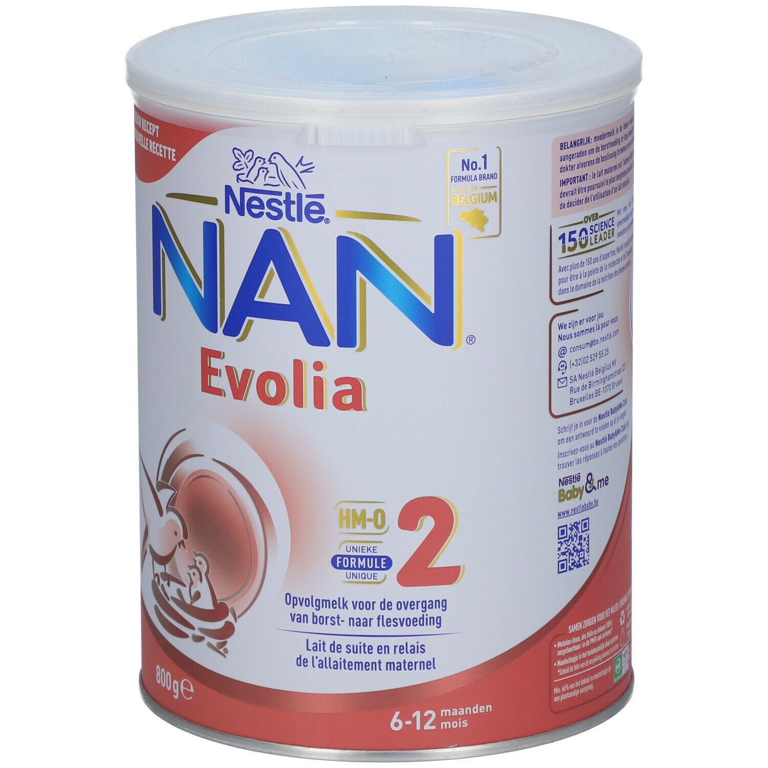 Blik Nestlé NAN Evolia 2. Opschrift: HM-O, 2, 6-12 maanden. Inhoud: 800g. Met deksel.