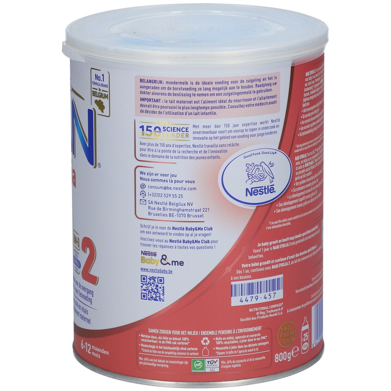 Achterkant van het blik Nestlé NAN Evolia 2. Bevat informatie en QR-code. Met deksel.