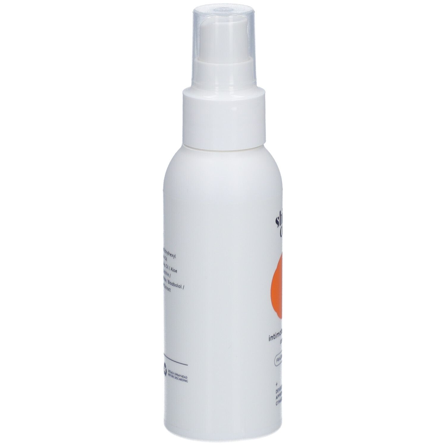 Weiße Flasche mit Sprühkopf. Orangefarbener Kreis. Text: Intimöl Spray, parfümfrei.