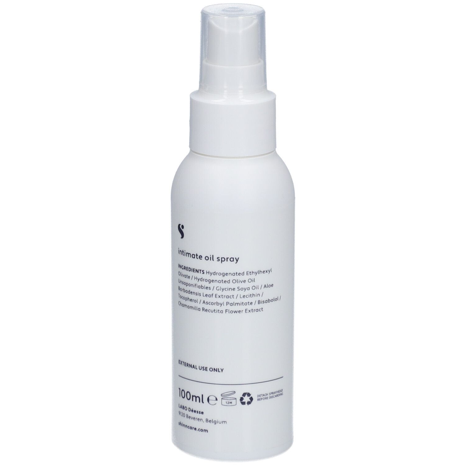 Weiße Flasche mit Sprühkopf. Text: Inhaltsstoffe, 100ml. Nur zur äußeren Anwendung.