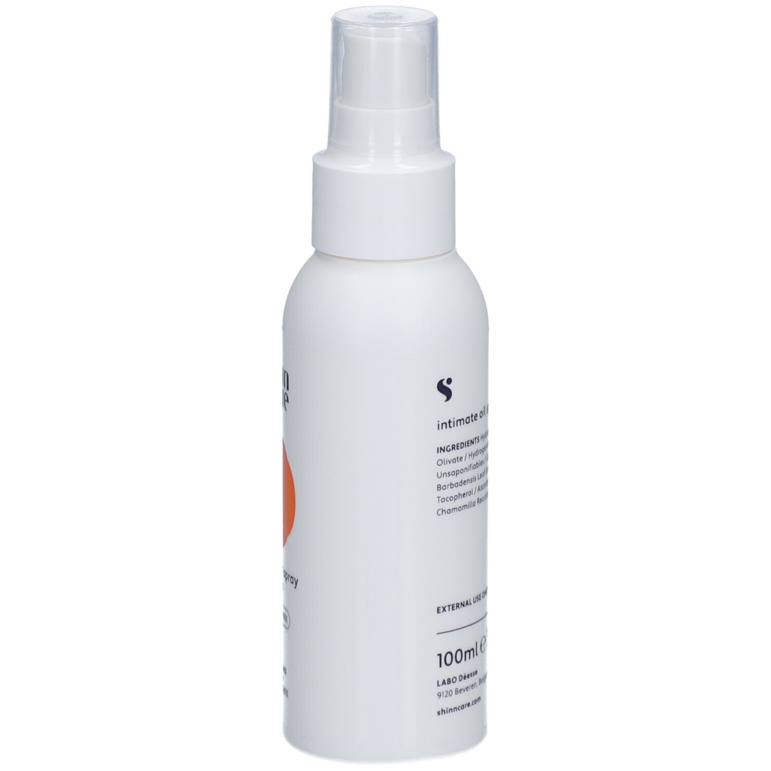 Weiße Flasche mit Sprühkopf. Orangefarbener Kreis. Text: Intimöl Spray, 100ml.