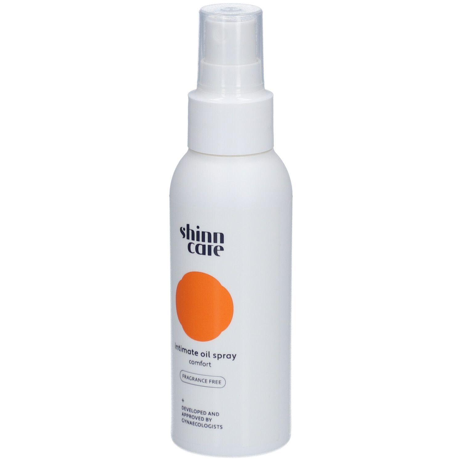 Weiße Flasche mit Sprühkopf. Orangefarbener Kreis. Text: Intimöl Spray, parfümfrei.