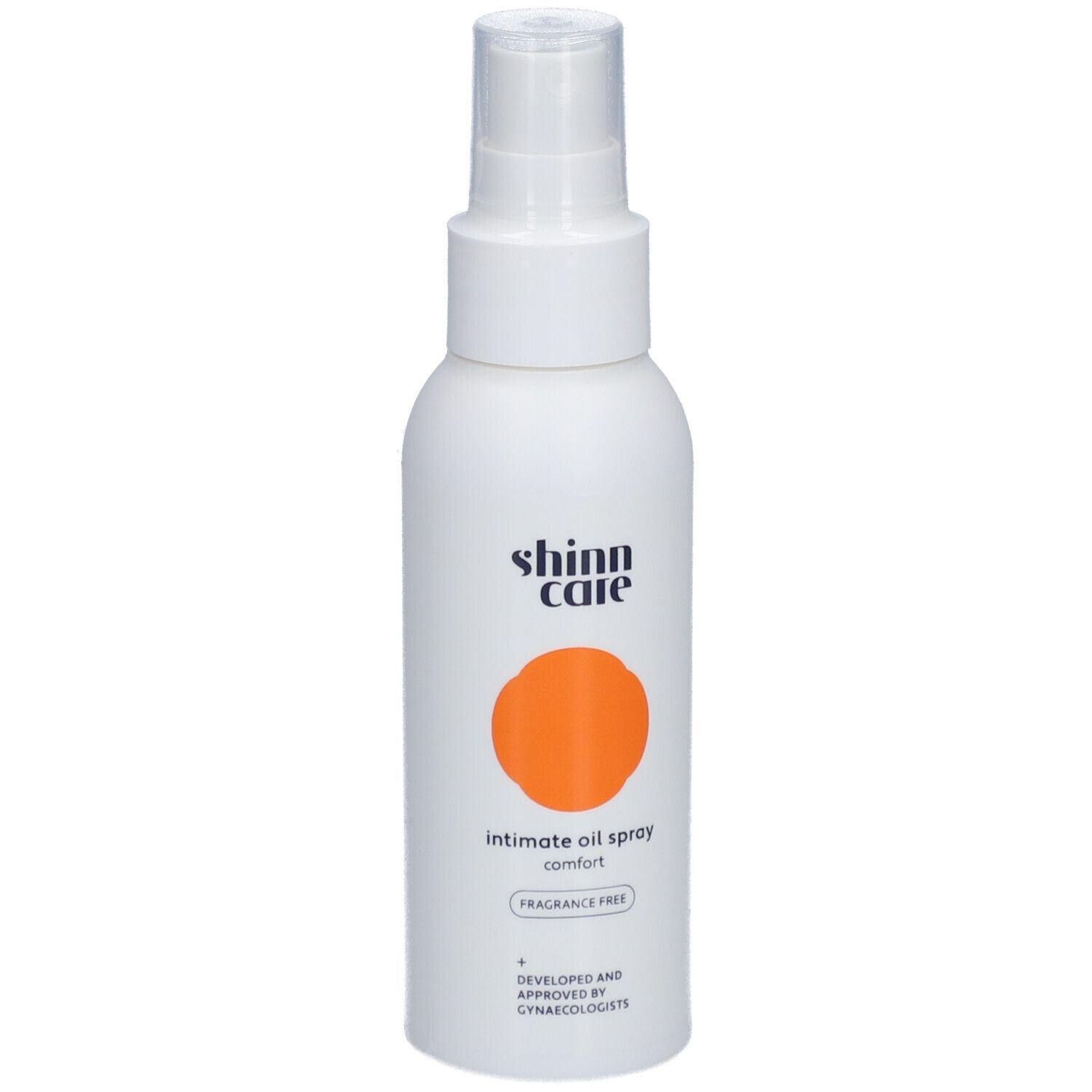 Weiße Flasche mit Sprühkopf. Orangefarbener Kreis. Text: Intimöl Spray, parfümfrei.