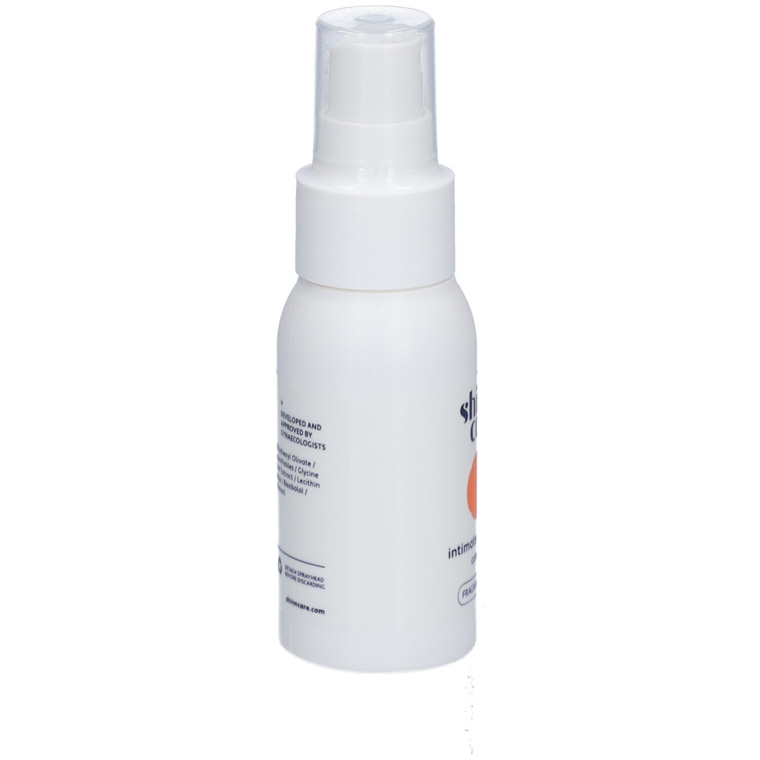 Weiße Flasche mit Sprühkopf. Rückseite mit Text und Inhaltsstoffen.