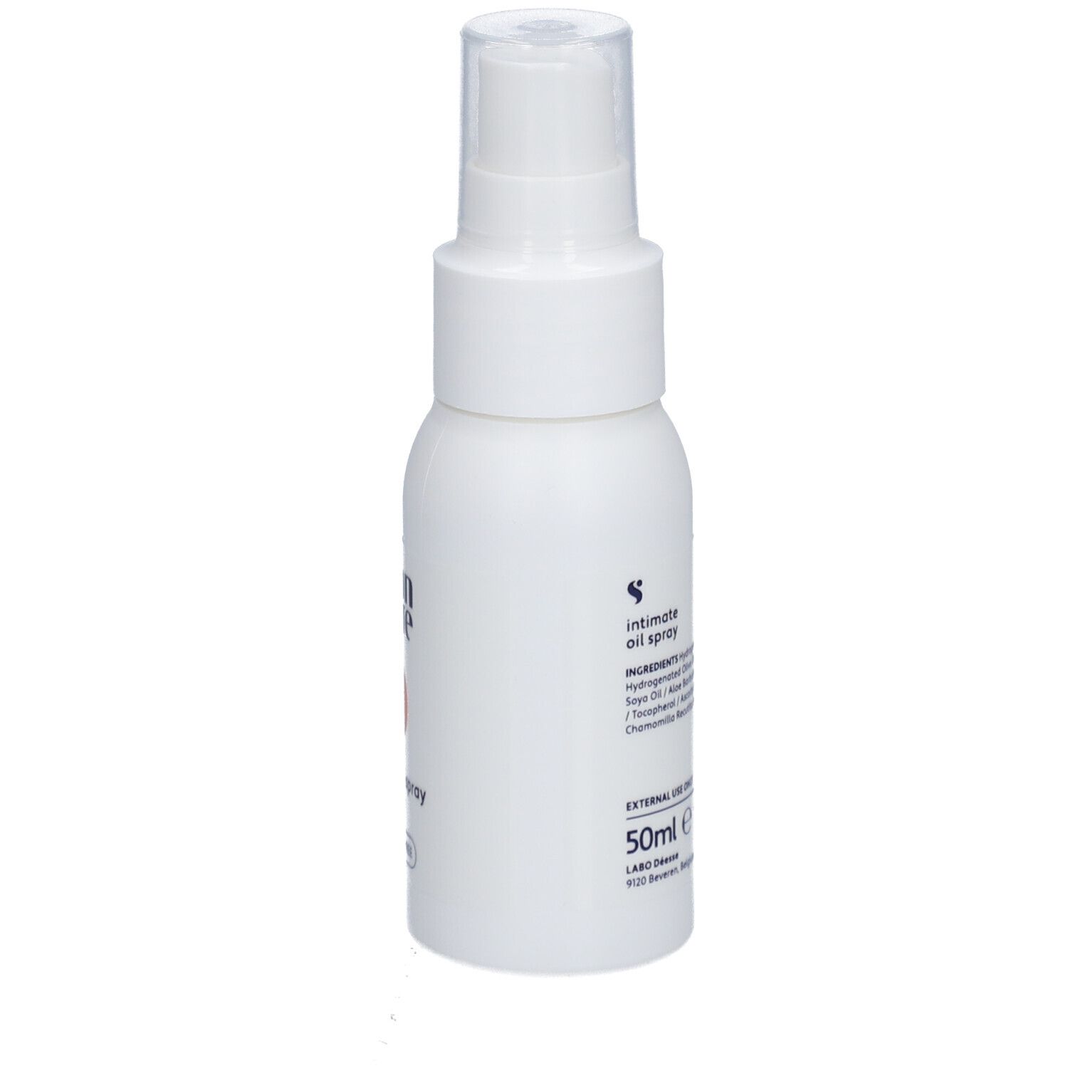 Weiße Flasche mit Sprühkopf. Aufschrift: Intimöl Spray, 50ml.