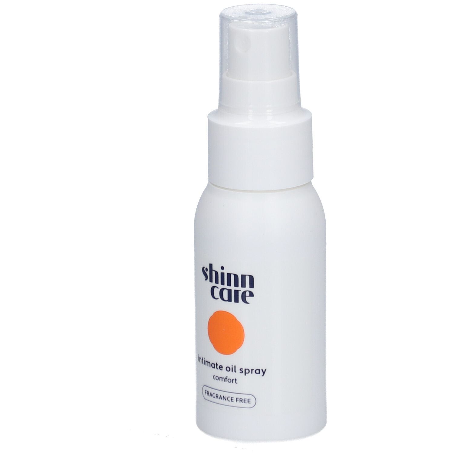 Weiße Flasche mit Sprühkopf. Aufschrift: shinn care, Intimöl parfümfrei.