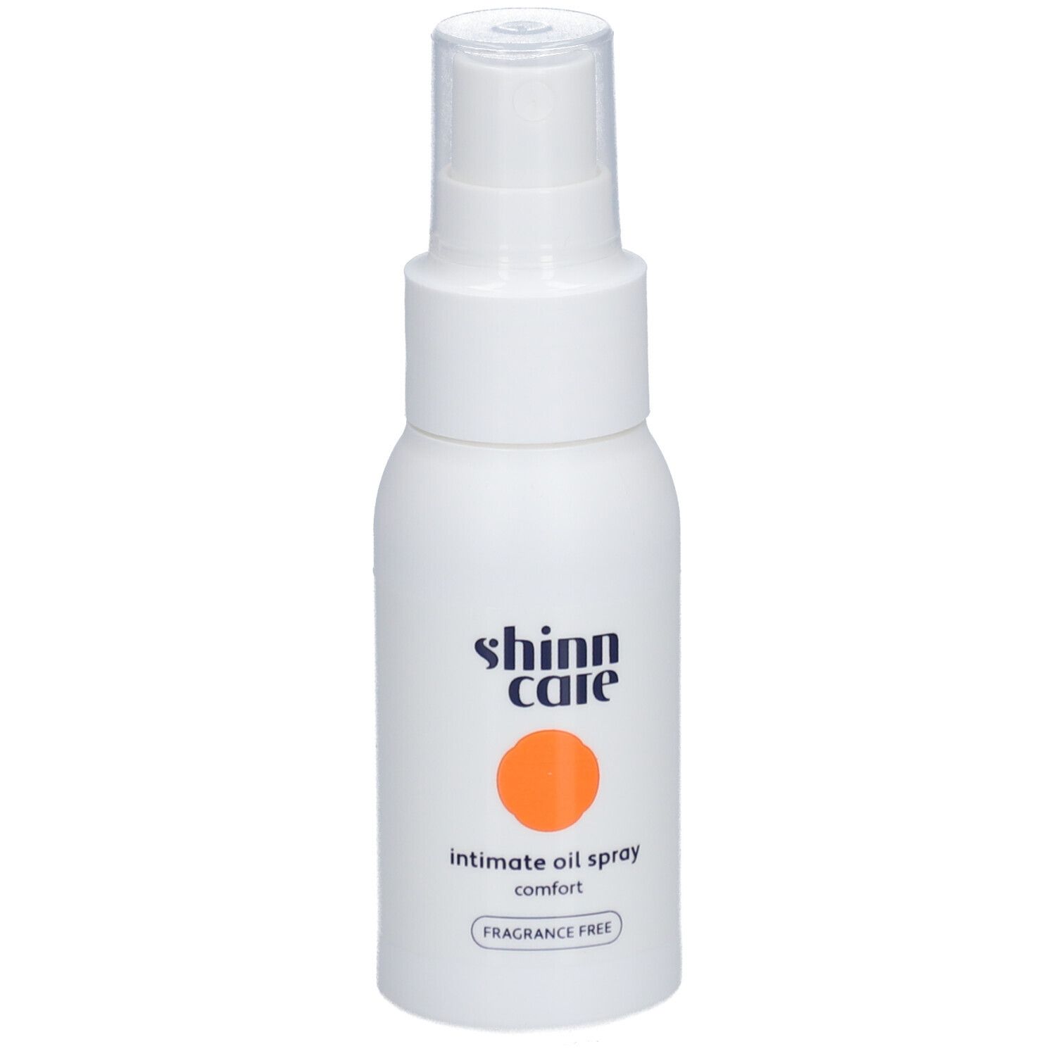 Weiße Flasche mit Sprühkopf. Aufschrift: shinn care, Intimöl parfümfrei.