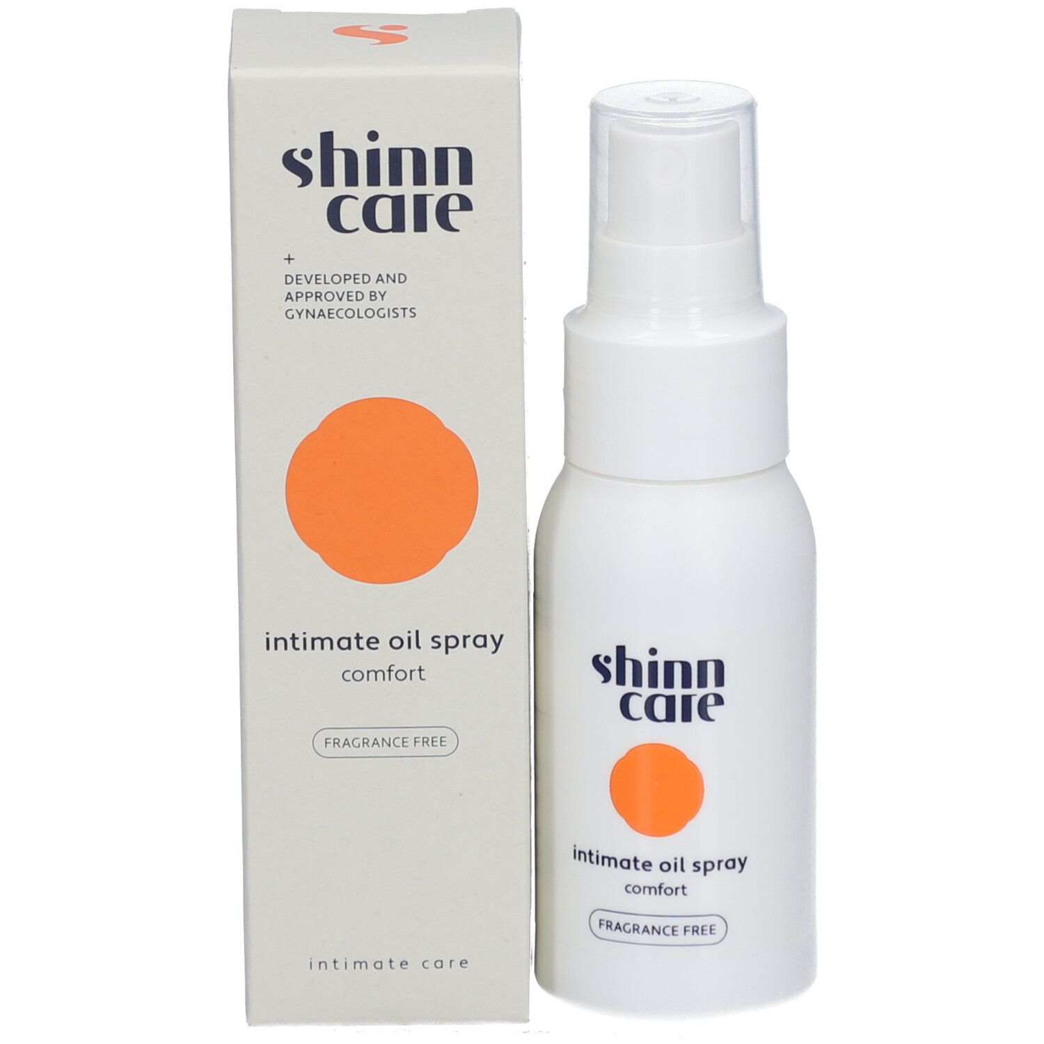 Produkt und Verpackung. Weiße Flasche und Schachtel. Aufschrift: shinn care, Intimöl.