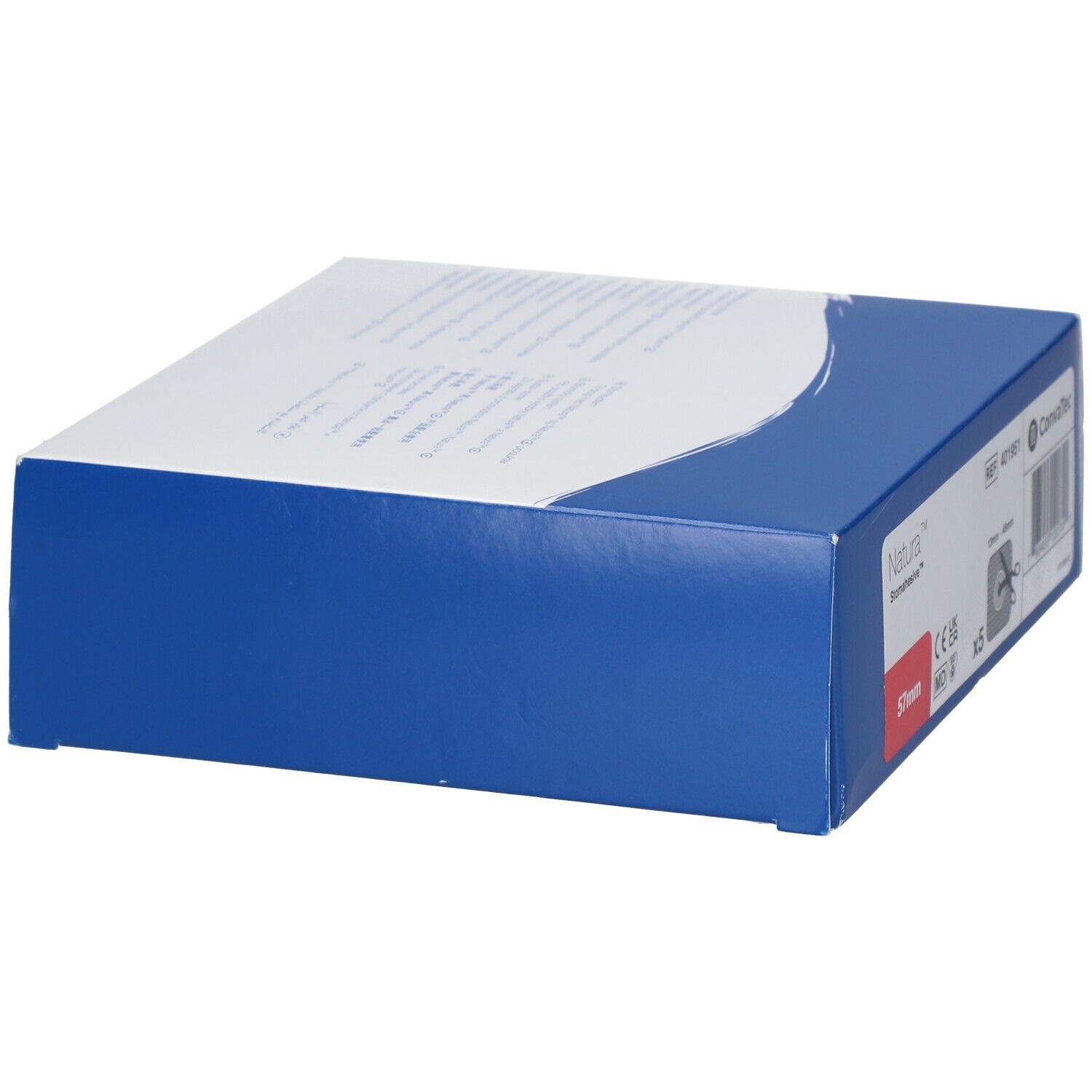 Blaue und weiße Schachtel von Natura Stomahesive Flex À Découper 57 mm. Seitenansicht mit Produktinformationen.