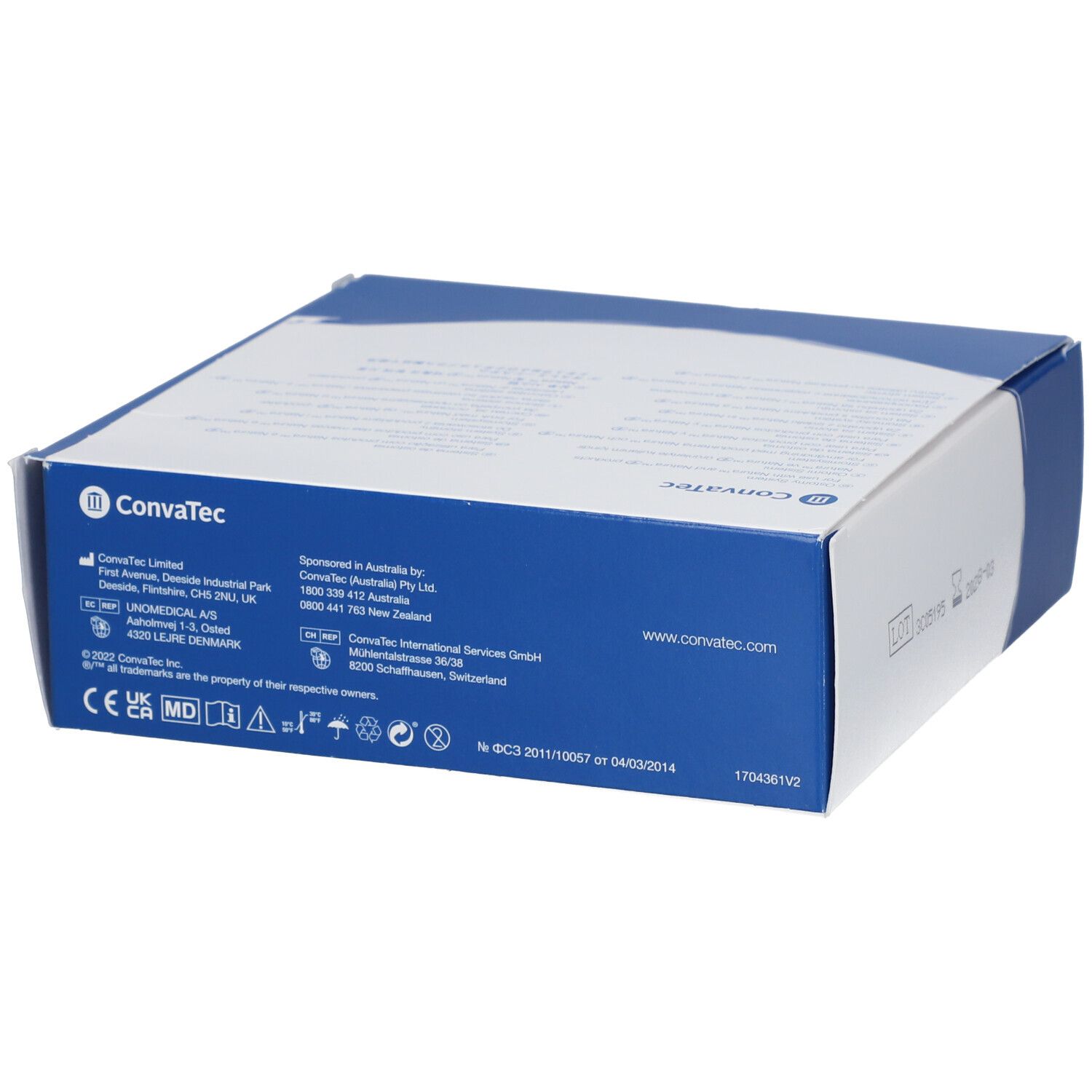 Rückseite der Verpackung von Natura Stomahesive Flex À Découper 57 mm. Informationen und Logos.