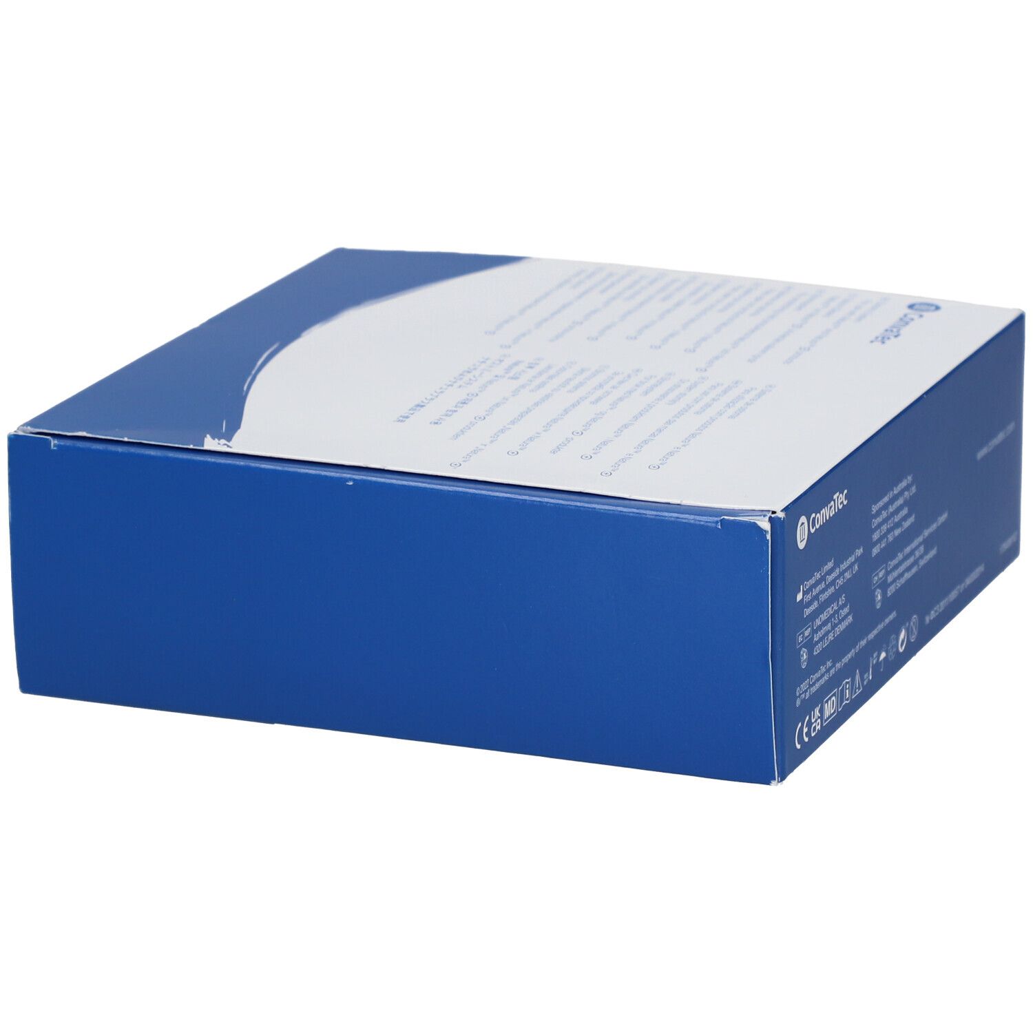 Seitenansicht der Verpackung von Natura Stomahesive Flex À Découper 57 mm. Blaue und weiße Schachtel.