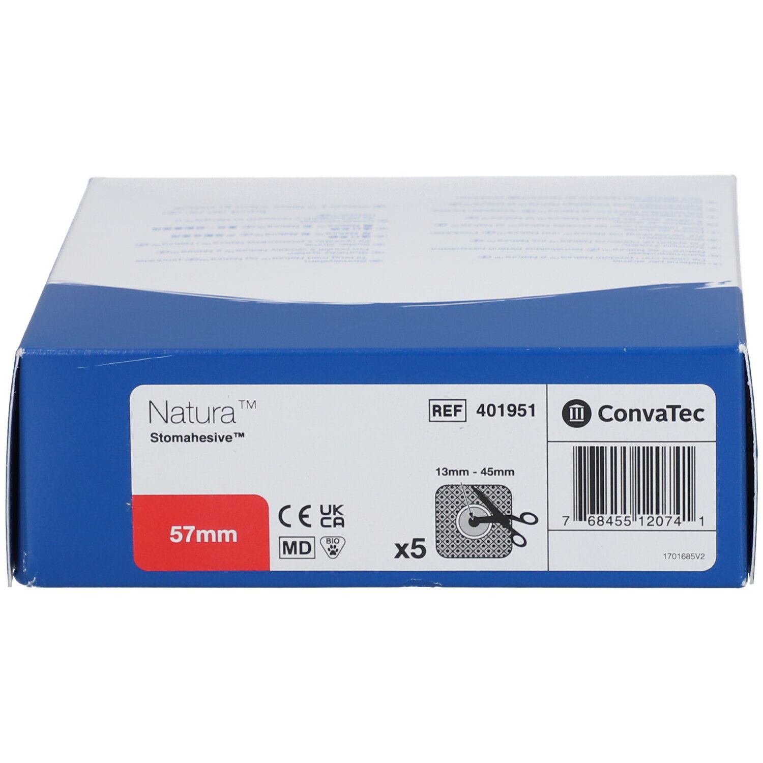 Verpackung von Natura Stomahesive Flex À Découper 57 mm. Blaue und weiße Schachtel mit Produktinformationen.