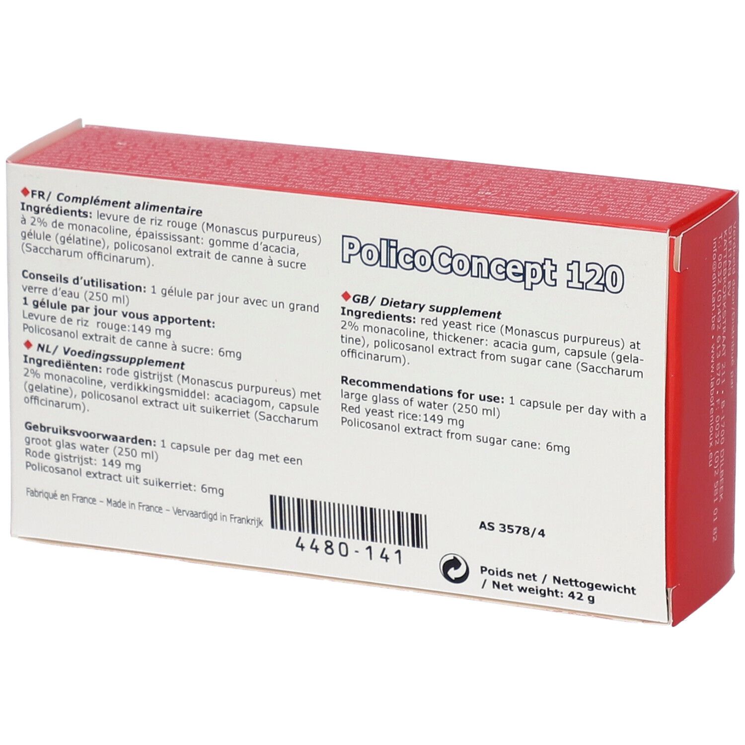 Achterkant van de doos met "PolicoConcept 120". Bevat informatie over ingrediënten en gebruik.