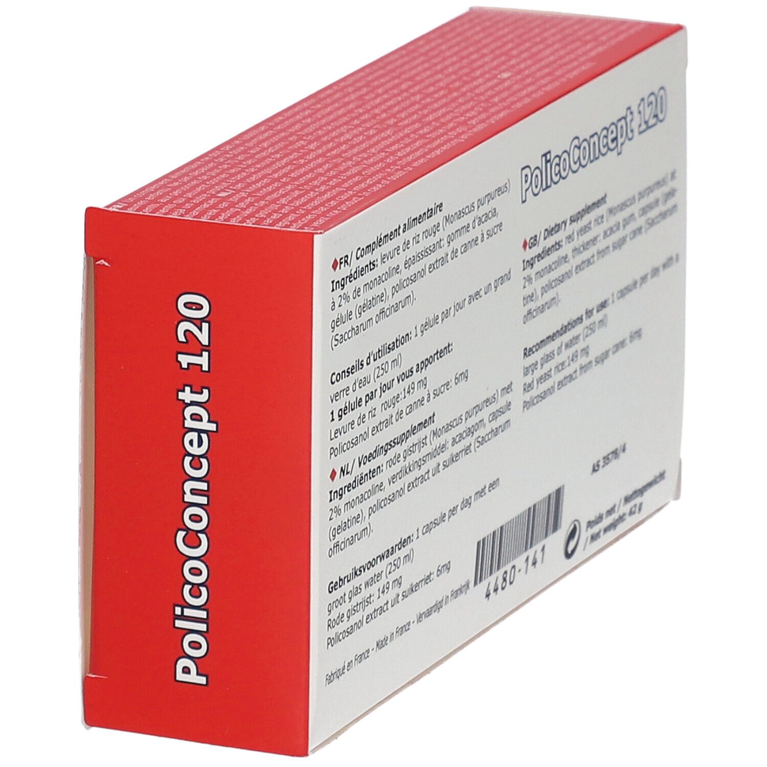 Zijaanzicht van de doos met "PolicoConcept 120". Bevat informatie over ingrediënten en gebruik.