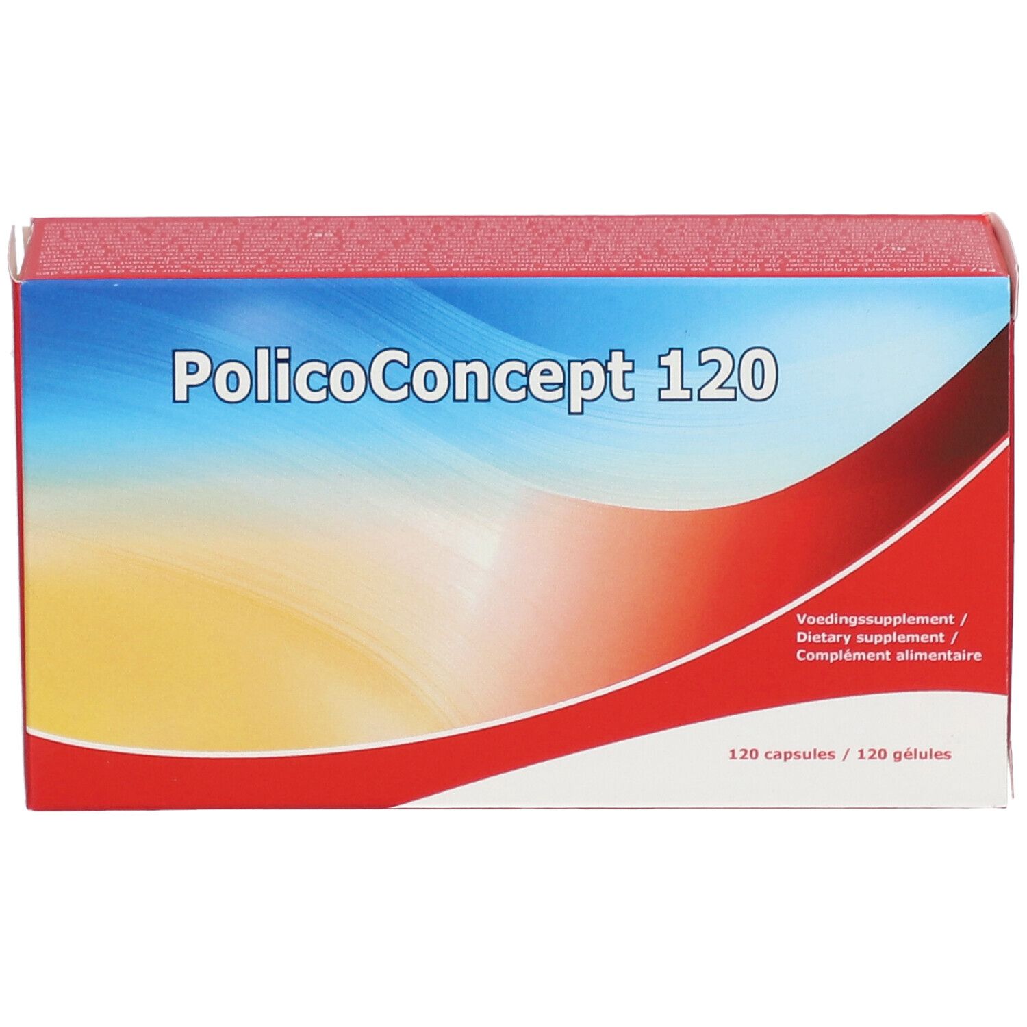 Rode en witte doos met "PolicoConcept 120" erop. Bevat 120 capsules. Meertalige opschriften.