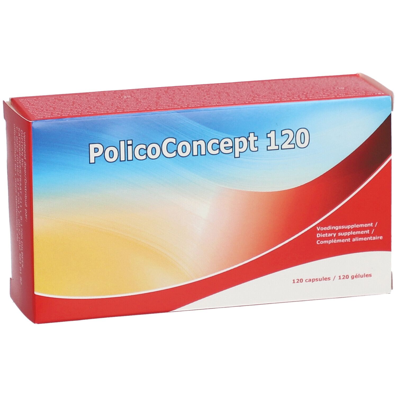 Rode en witte doos met "PolicoConcept 120" erop. Bevat 120 capsules. Meertalige opschriften.