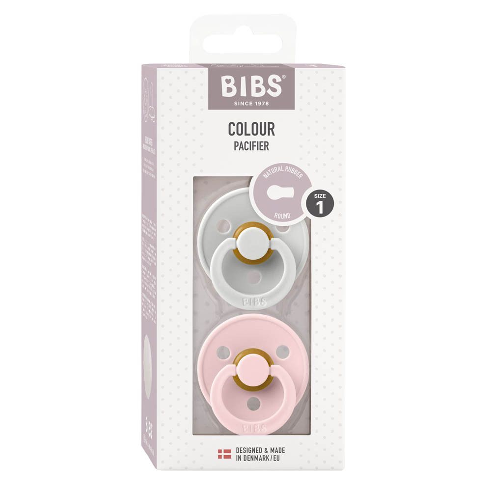 Verpakking met twee fopspenen. Grijze en roze fopspeen. BIBS-logo en productnaam.
