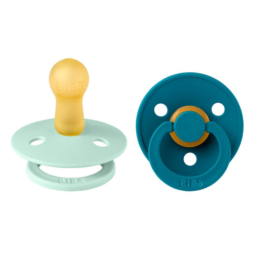 Twee ronde fopspenen, mintgroen en blauw. Gele speen. Merk BIBS.