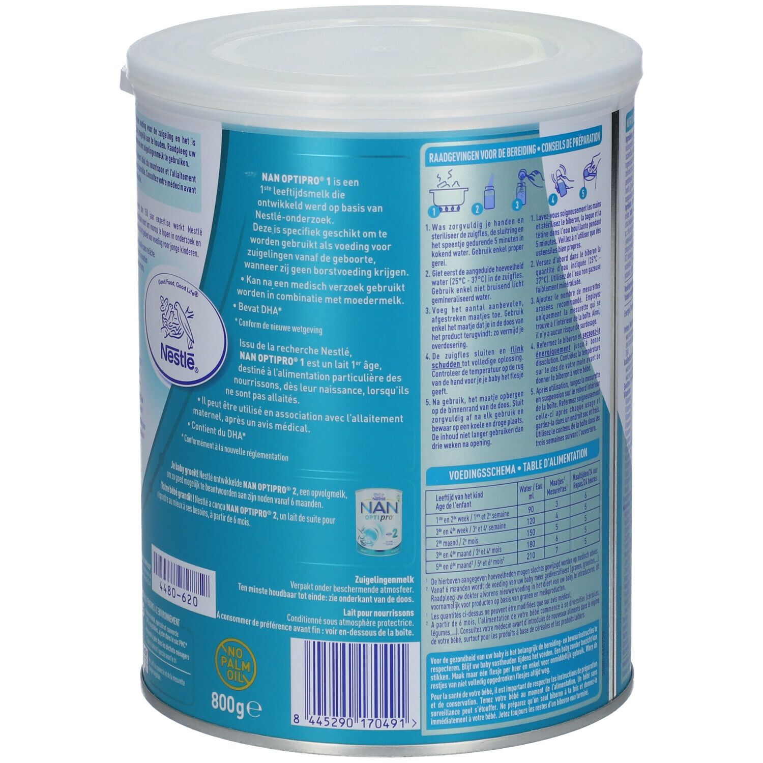 Achterkant van de Nestlé NAN OptiPro 1-blik. Bevat gebruiksinformatie en een voedingstabel.