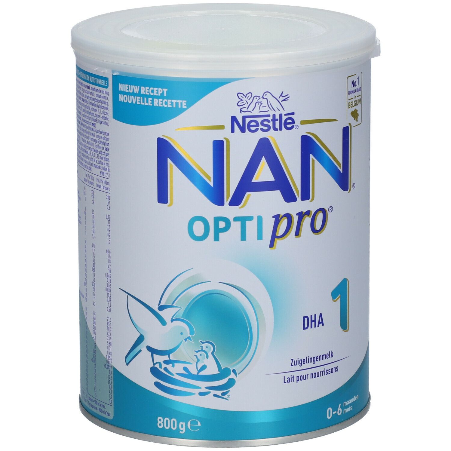 Nestlé NAN OptiPro 1 melkpoederblik. Blauw-wit ontwerp. 800g. Met DHA. Voor 0-6 maanden.