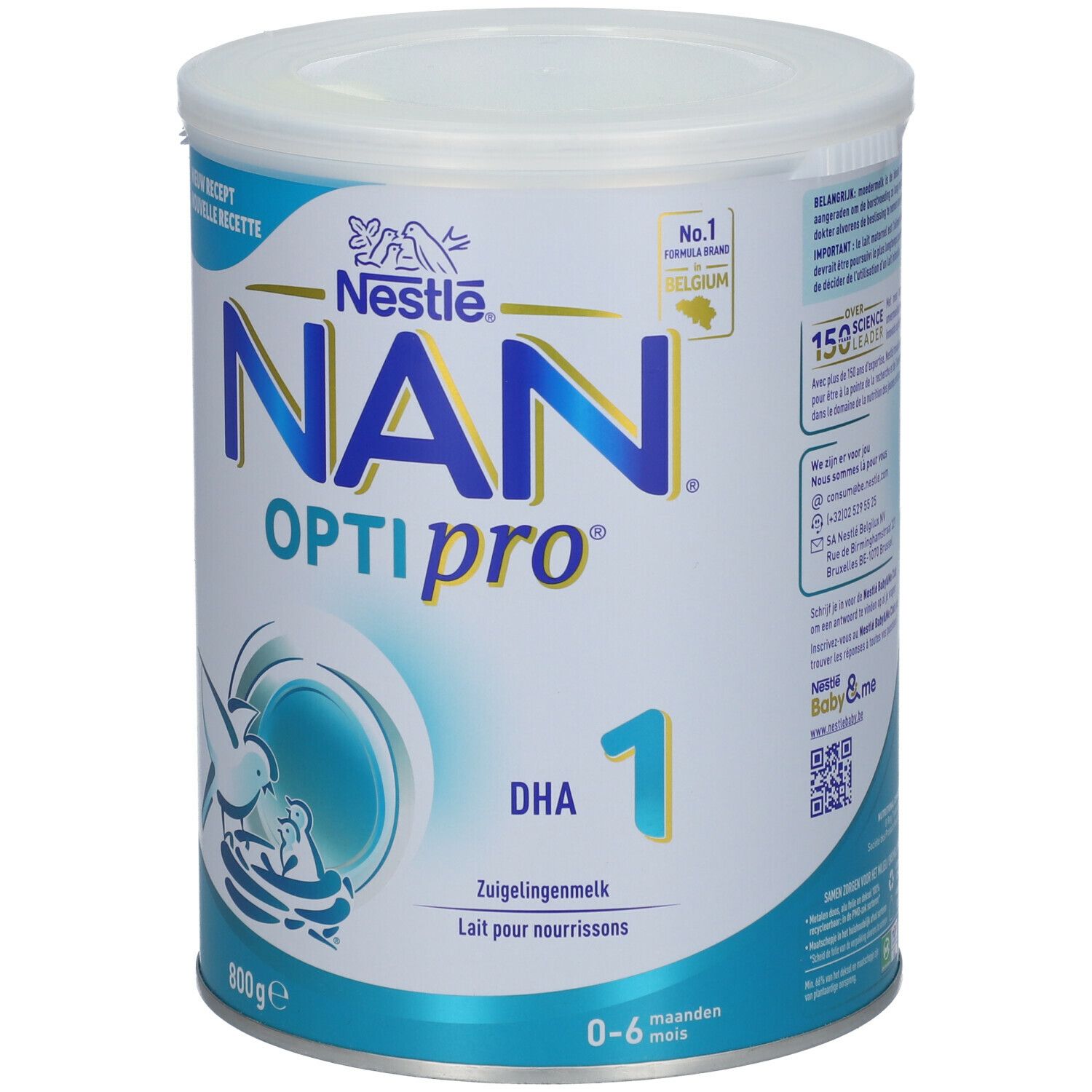 Nestlé NAN OptiPro 1 melkpoederblik. Blauw-wit ontwerp. 800g. Met DHA. Voor 0-6 maanden.