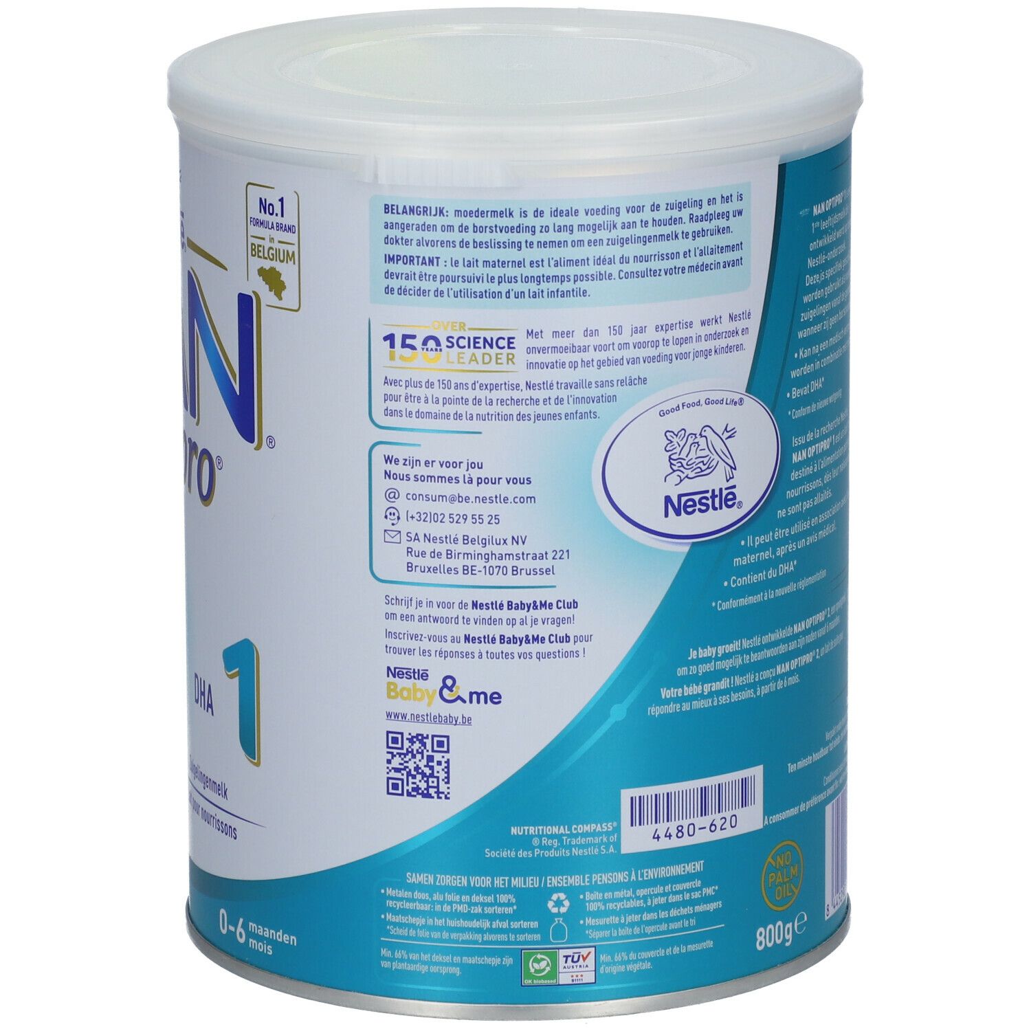 Achterkant van de Nestlé NAN OptiPro 1-blik. Bevat gebruiksinformatie en een voedingstabel.