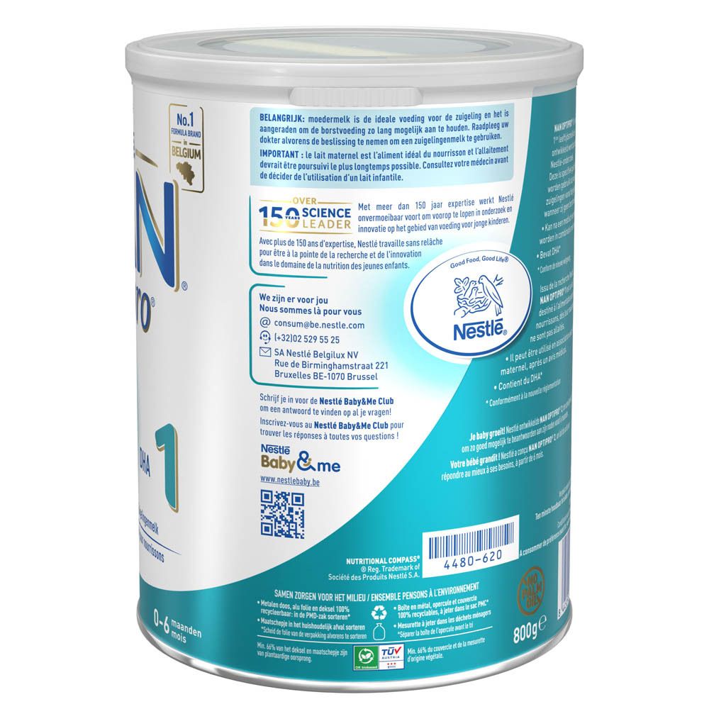 Achterkant van de Nestlé NAN OptiPro 1-blik. Bevat voedingsinformatie en instructies.