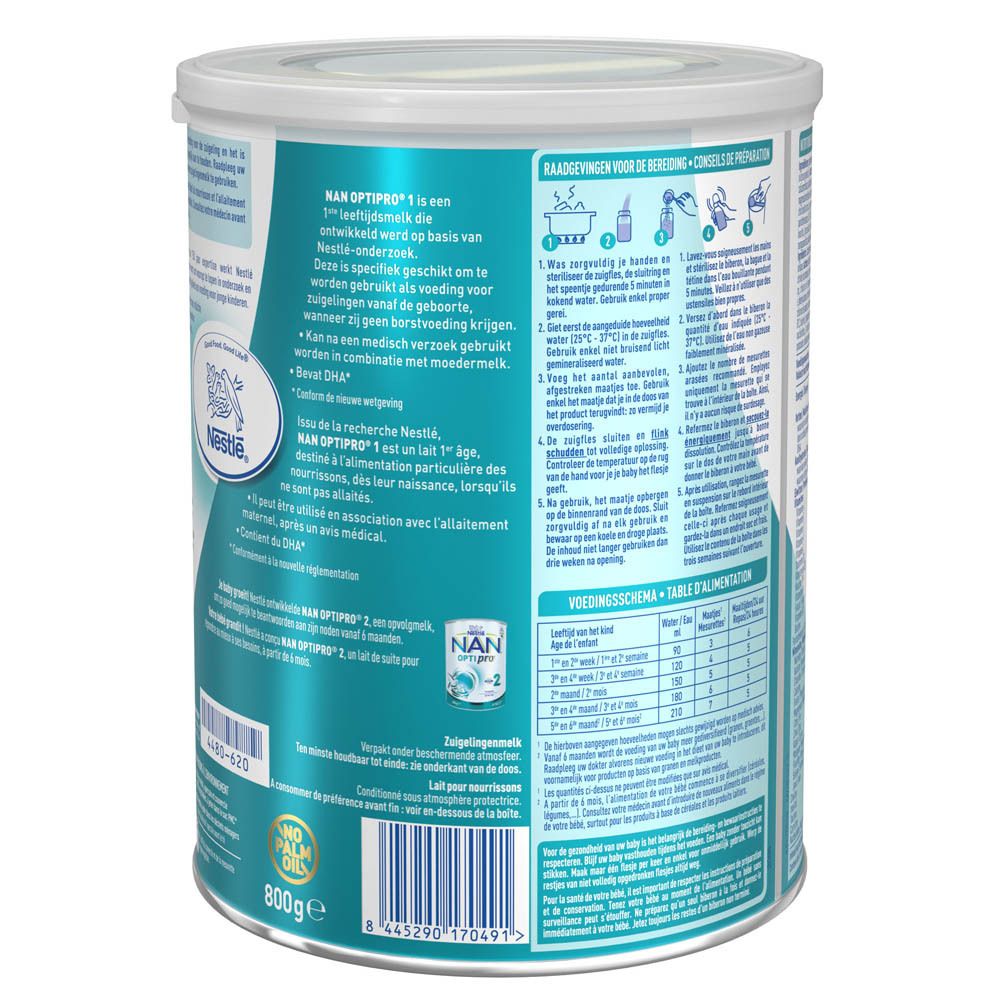 Achterkant van de Nestlé NAN OptiPro 1-blik. Bevat gebruiksinformatie en een voedingstabel.