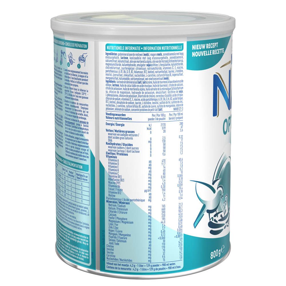 Achterkant van de Nestlé NAN OptiPro 1-blik. Bevat voedingsinformatie en instructies.