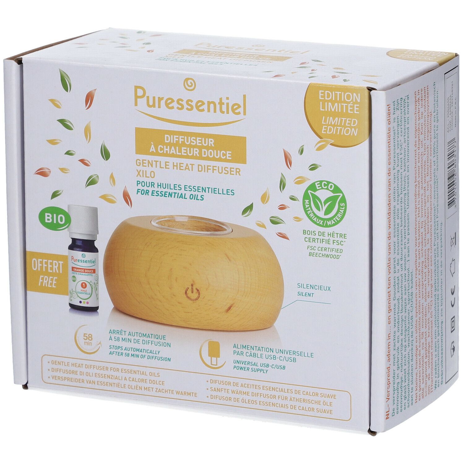 Boîte avec diffuseur. Diffuseur en bois, petite bouteille, logo "BIO".