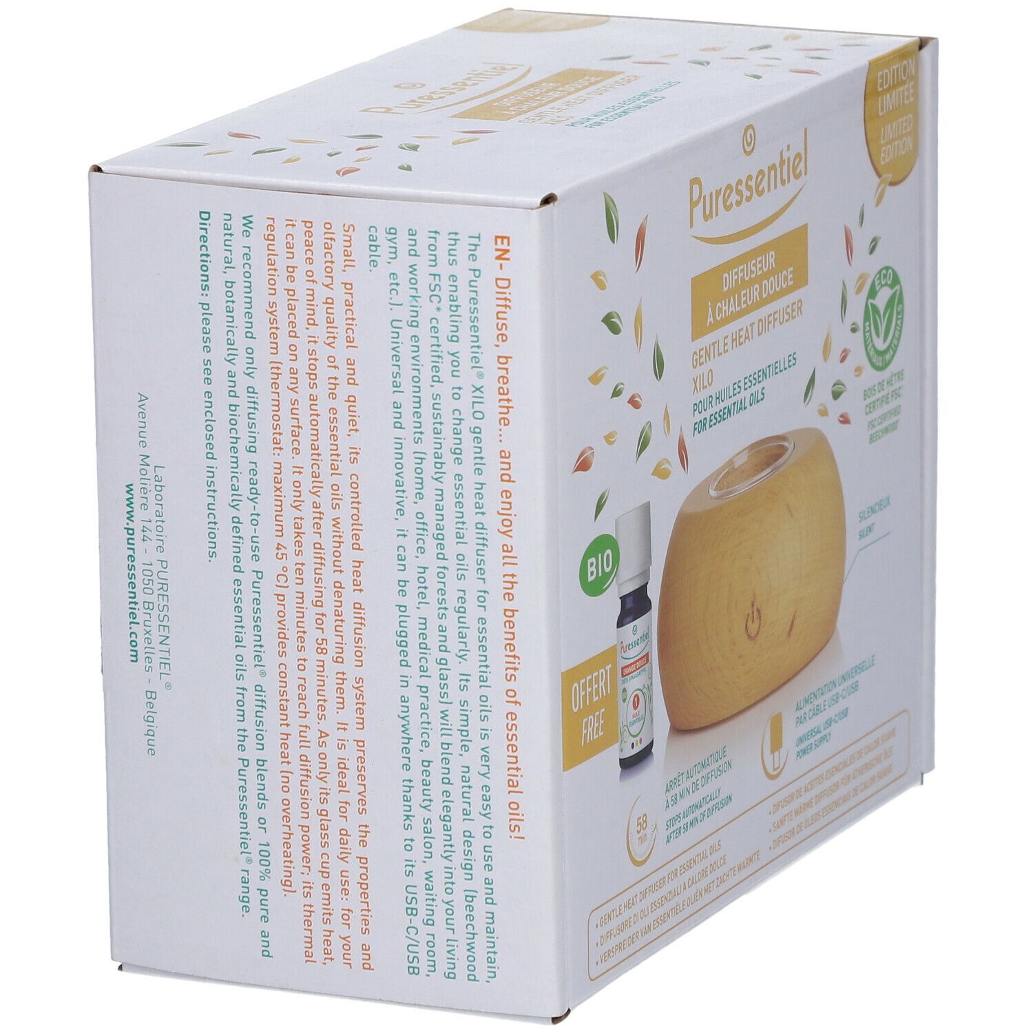 Boîte en biais. Diffuseur, petite bouteille, label FSC, texte.