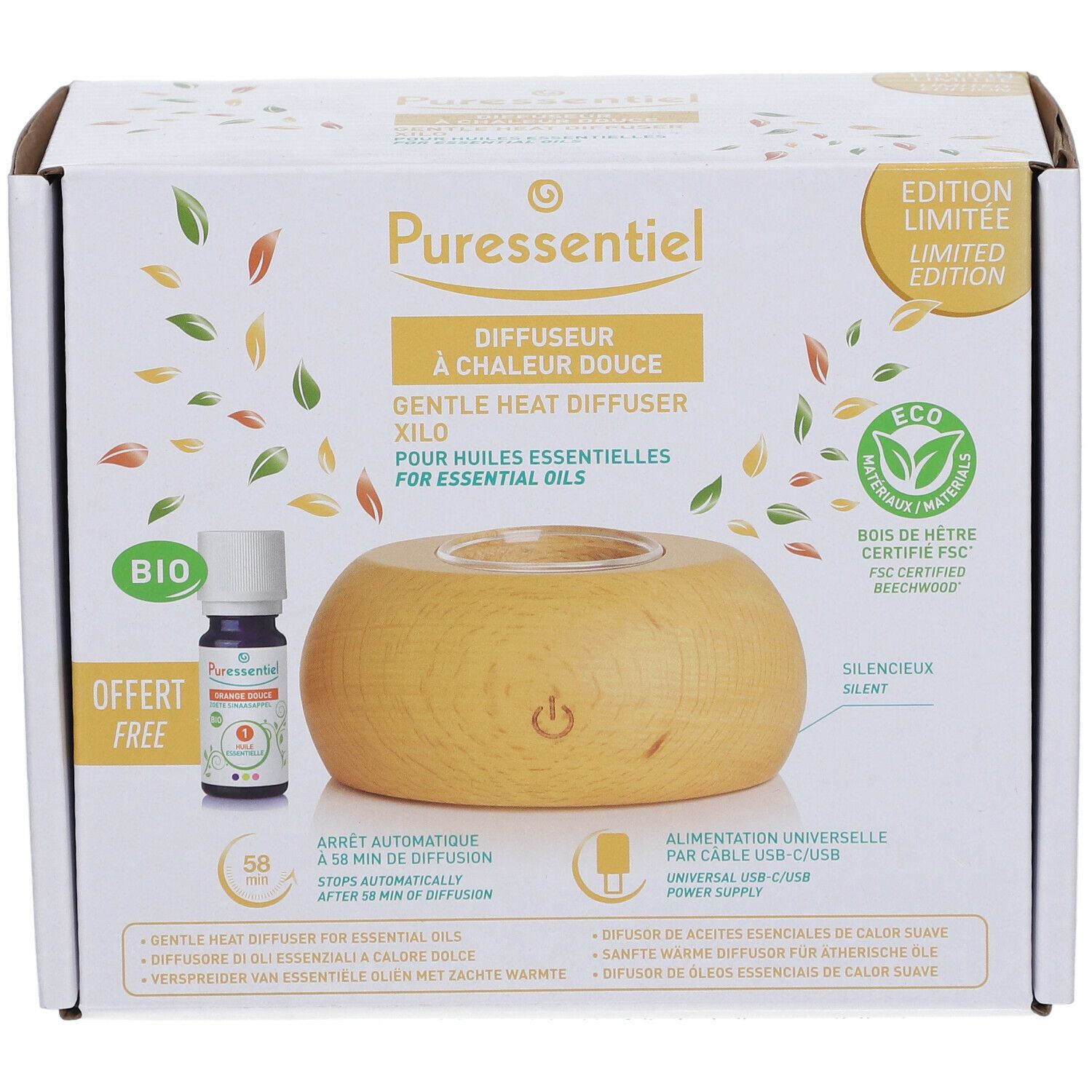 Boîte avec diffuseur. Diffuseur en bois, petite bouteille, logo "BIO".