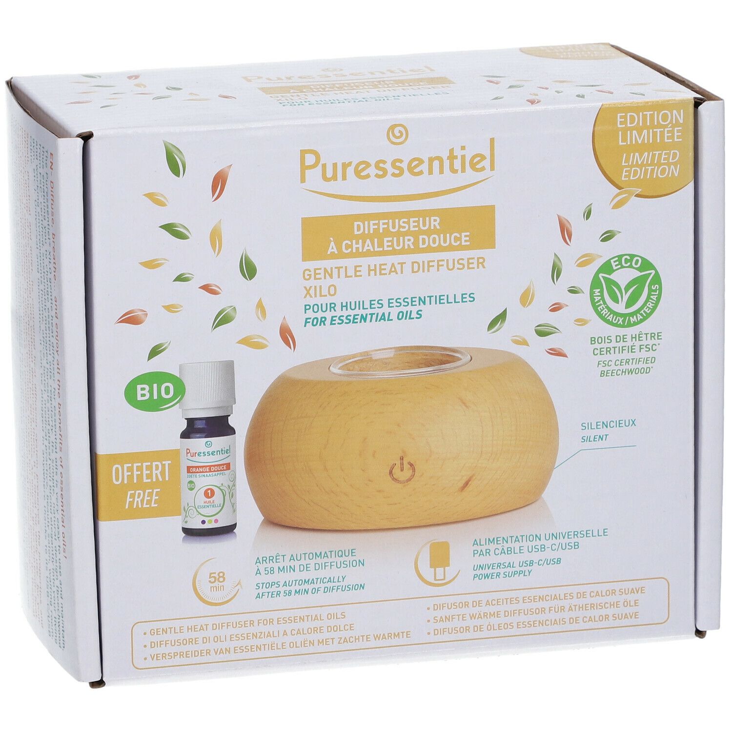 Boîte avec diffuseur. Diffuseur en bois, petite bouteille, logo "BIO".
