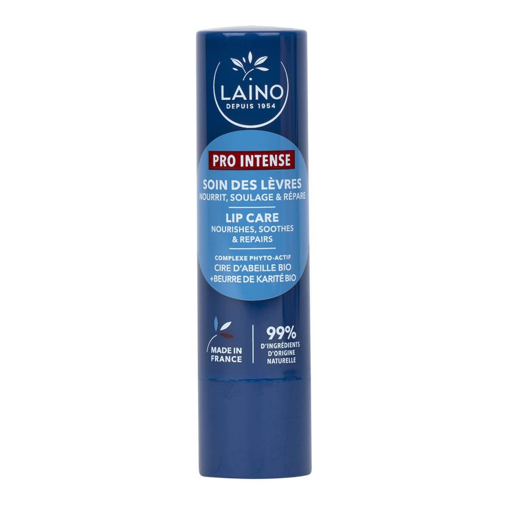 Stick de soin des lèvres bleu avec texte blanc. Marque "LAINO" et mention "PRO INTENSE".