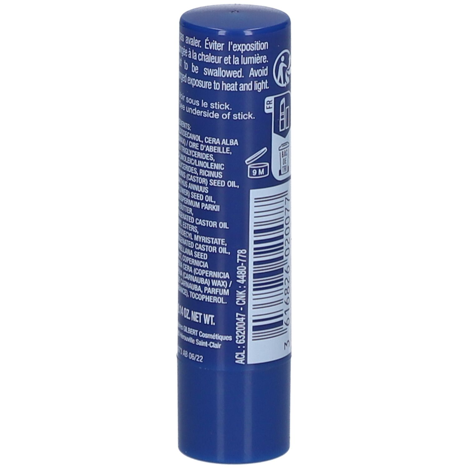 Stick de soin des lèvres bleu avec texte. Contient des informations sur les ingrédients et les avertissements.