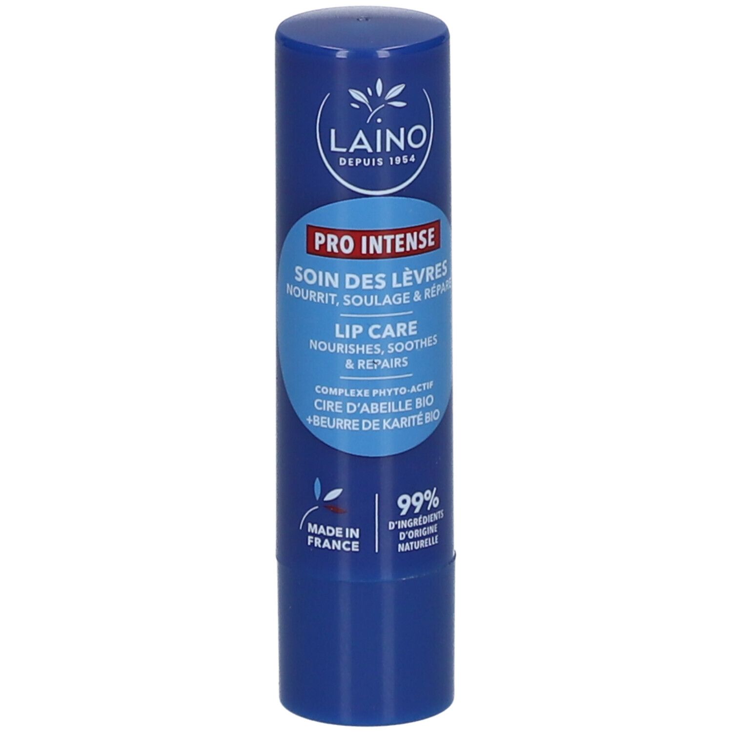 Stick de soin des lèvres bleu avec texte blanc. Marque "LAINO" et mention "PRO INTENSE".