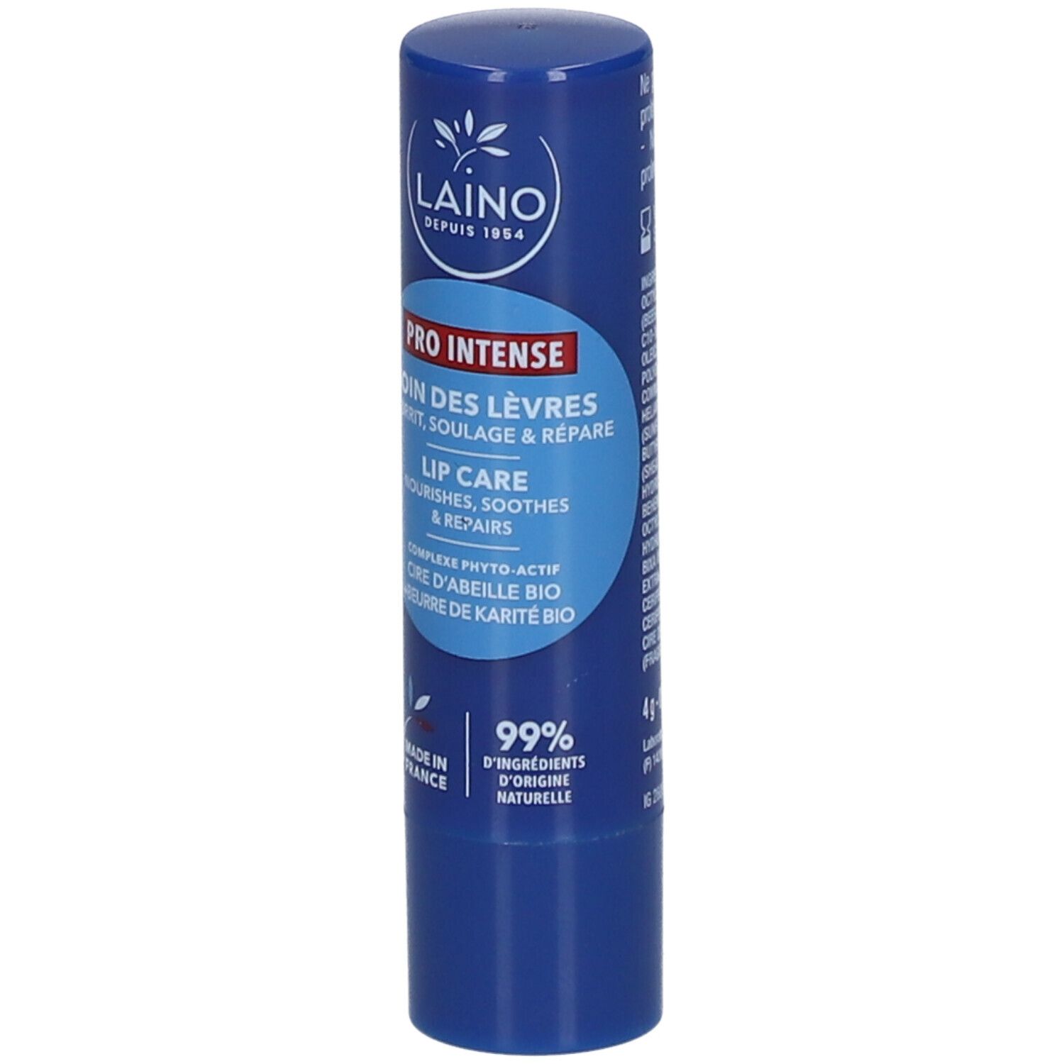 Stick de soin des lèvres bleu avec texte blanc. Marque "LAINO" et mention "PRO INTENSE".