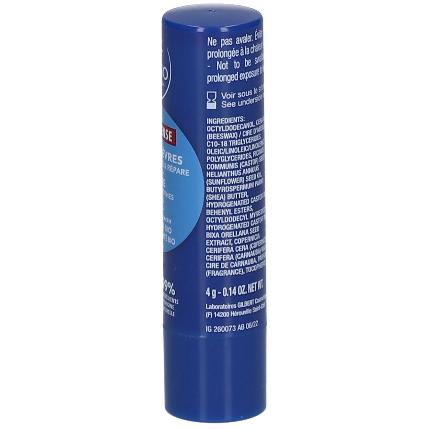 Stick de soin des lèvres bleu avec texte. Contient des informations sur les ingrédients et les avertissements.