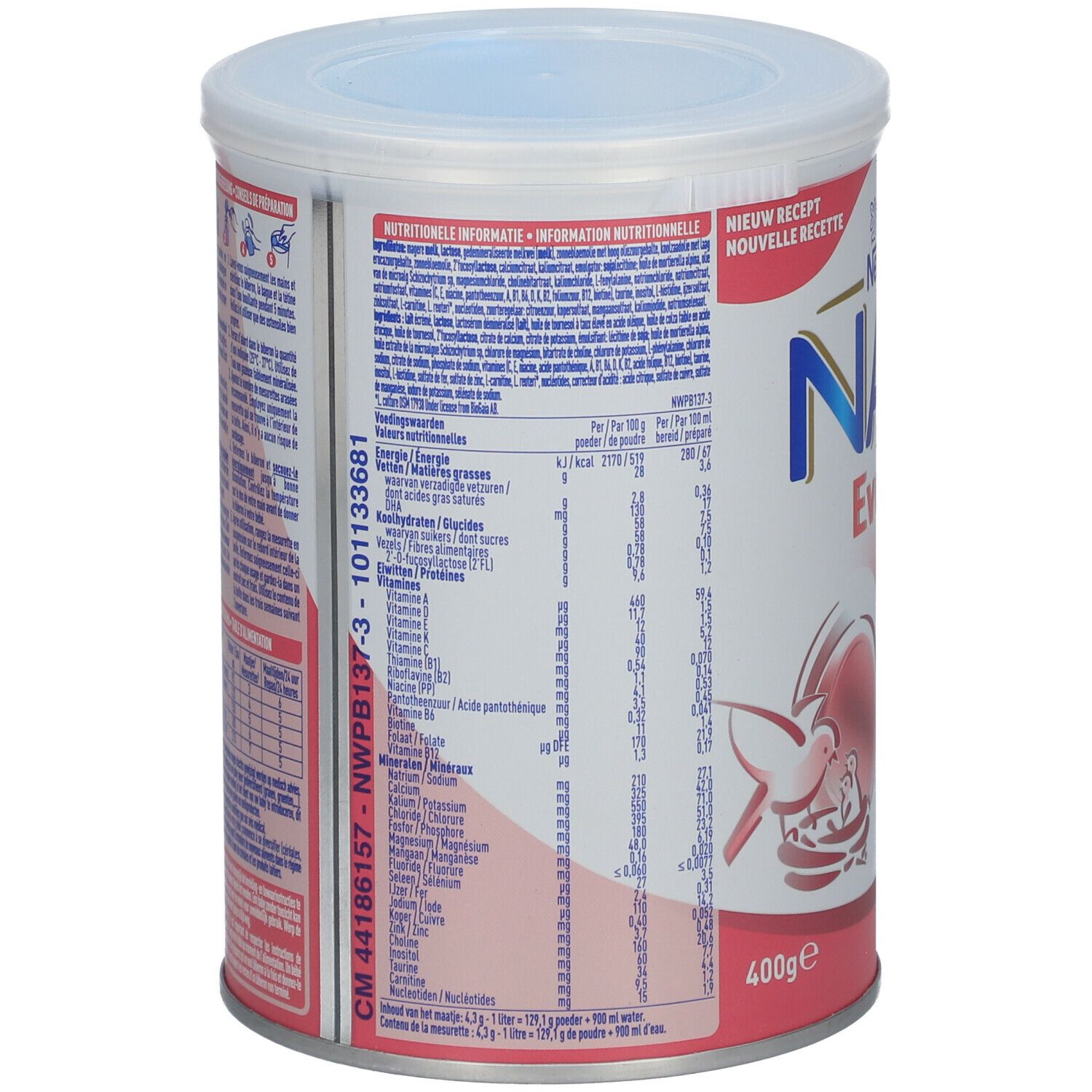 Achterkant van de blik Nestlé NAN Evolia 1. Voedingswaarde en ingrediënten. 400g.