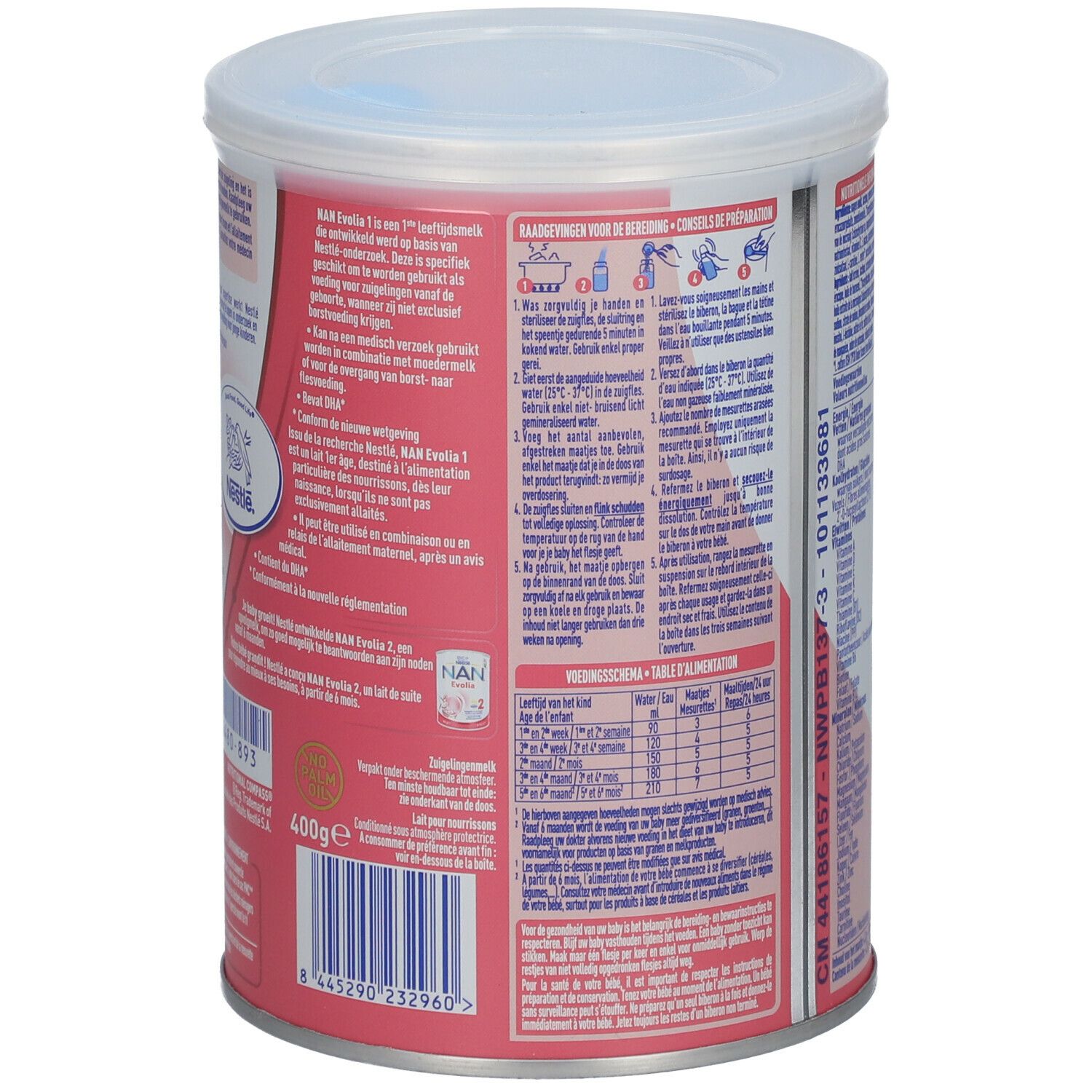 Achterkant van de blik Nestlé NAN Evolia 1. Gebruiksaanwijzing en andere informatie. 400g.