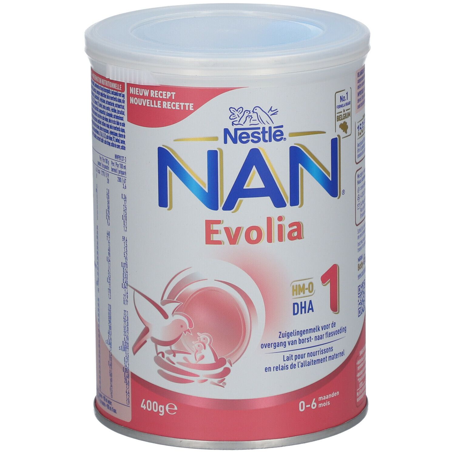 Blik Nestlé NAN Evolia 1. Witte deksel, rode en blauwe tekst. 400g. Voor 0-6 maanden.