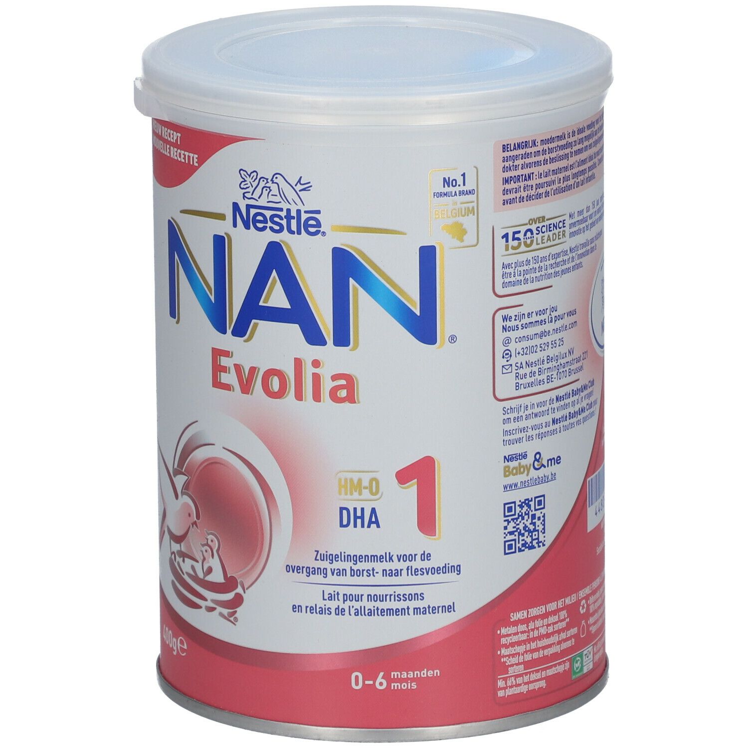 Blik Nestlé NAN Evolia 1. Witte deksel, rode en blauwe tekst. 400g. Voor 0-6 maanden.