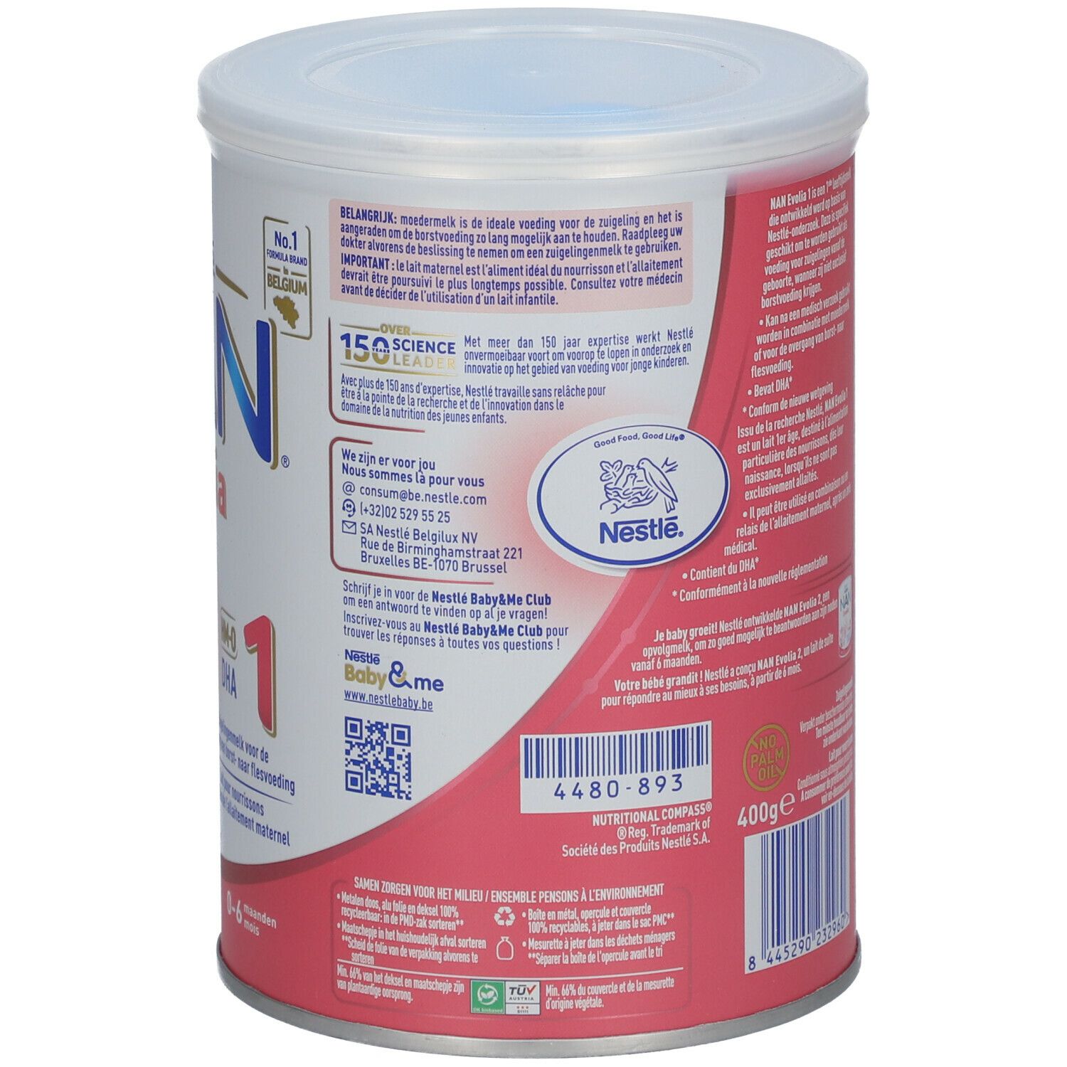 Achterkant van de blik Nestlé NAN Evolia 1. Informatie, logo, 400g.