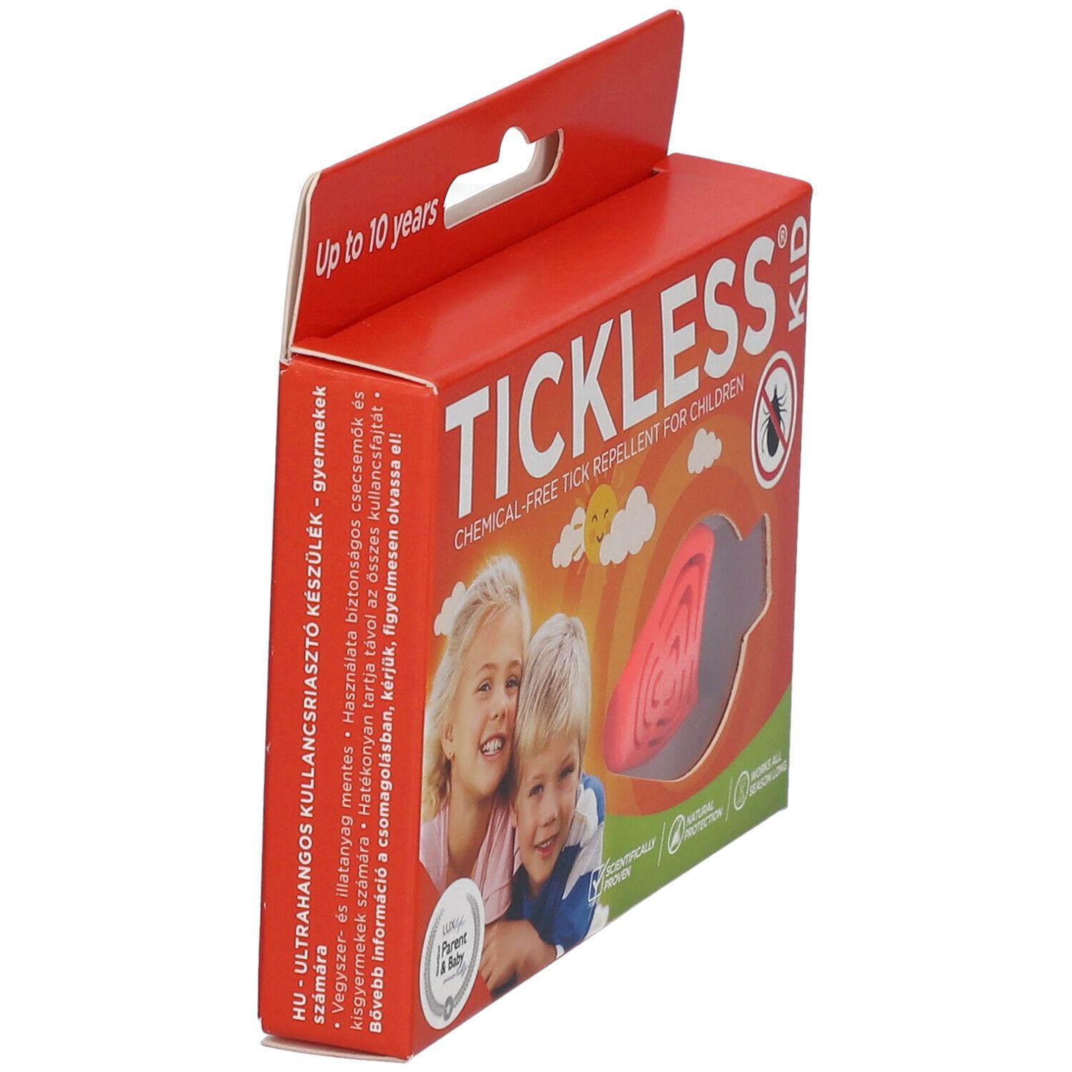 Rote Verpackung, Produkt teilweise sichtbar. Aufschrift: TICKLESS KID. Illustration von Kindern. Produkt in Verpackung.