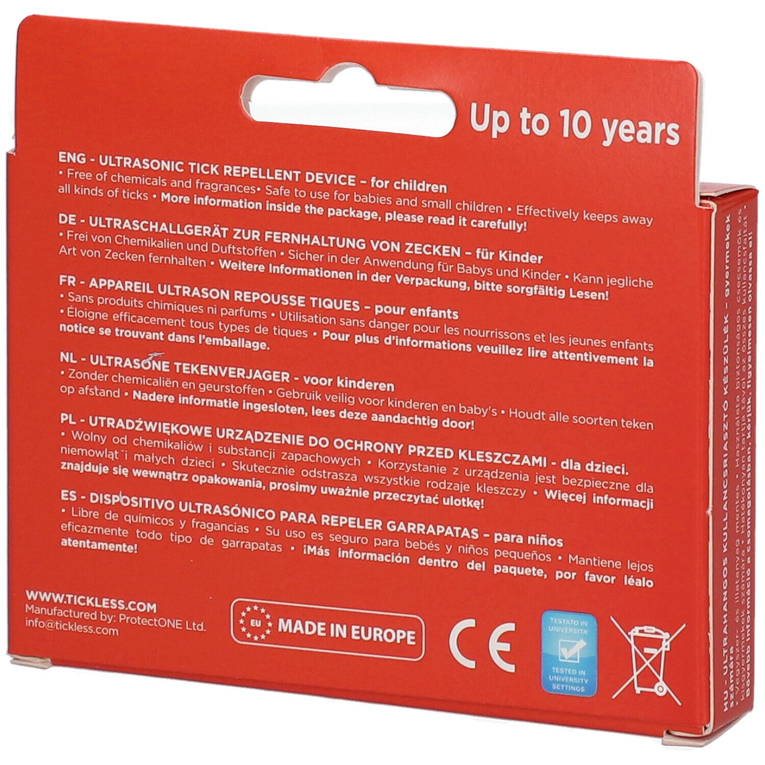 Rückseite der roten Verpackung. Text in mehreren Sprachen. Aufschrift: TICKLESS. CE-Kennzeichnung und Recycling-Symbol.